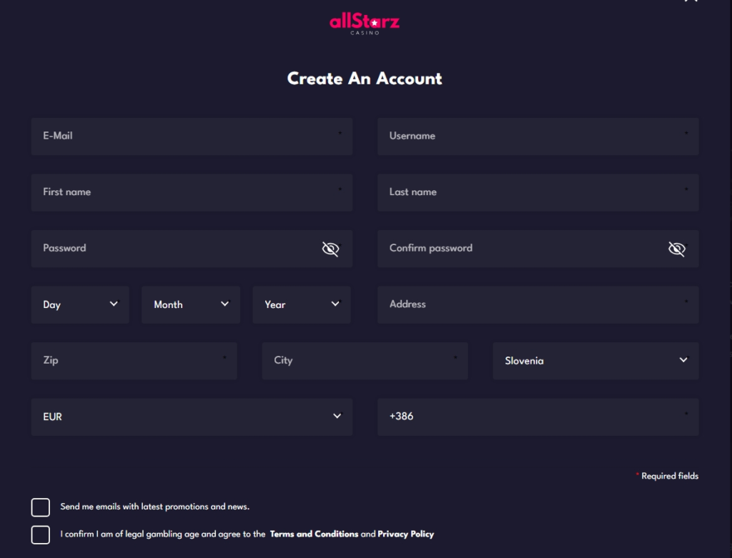 Obrazec za registracijo na AllStarz Casino, s poudarkom na hitrem in enostavnem postopku za nove igralce.