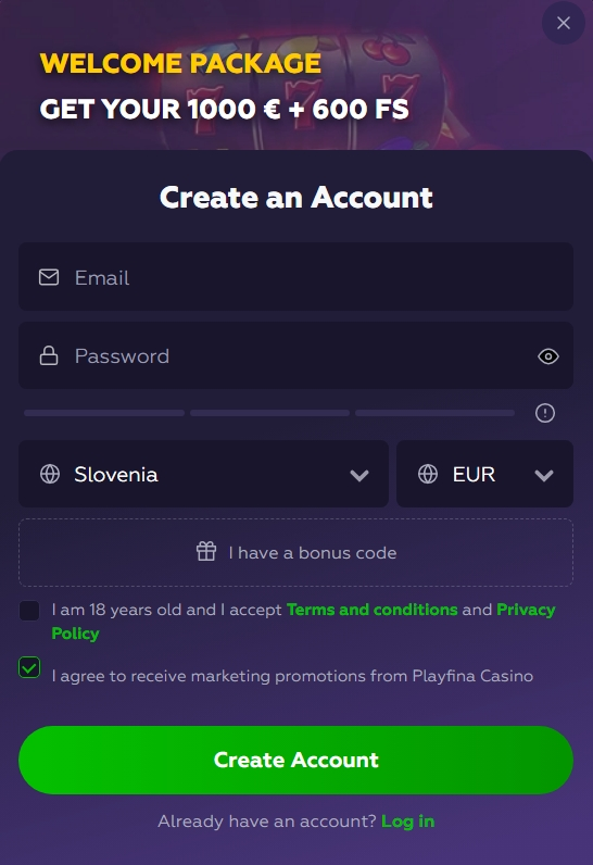 Registracija na Playfina Casino: preprost obrazec za prijavo in ustvarjanje računa za dostop do iger in bonusov.
