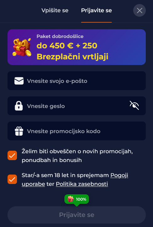 Obrazec za registracijo na Nine Casino z možnostmi za vnos podatkov in ustvarjanje novega računa