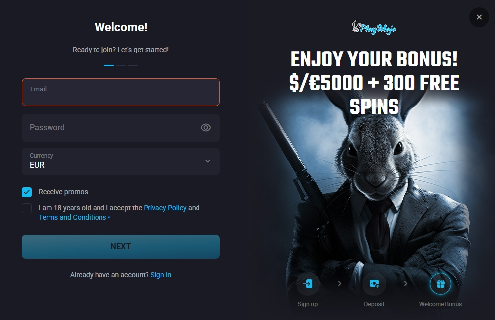 Registracijski obrazec v PlayMojo Casino