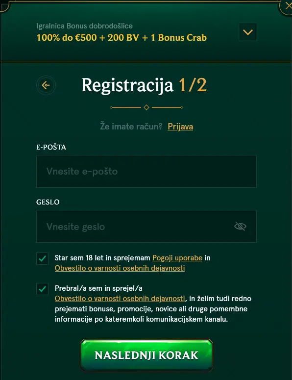 Registracija na Casinia casino